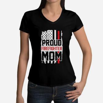 Proud Firefighter Mom For Support Of Son Or Daughter Women V-Neck T-Shirt - Seseable