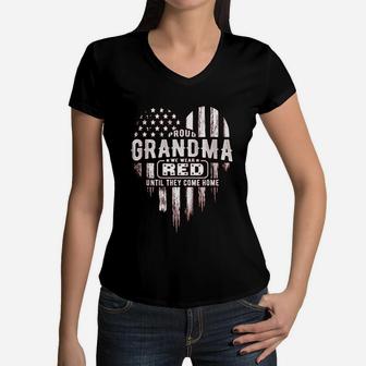 Proud Grandma Red Friday Military Family Women V-Neck T-Shirt - Seseable