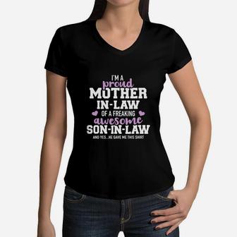 Proud Motherinlaw Of A Freaking Awesome Soninlaw Women V-Neck T-Shirt - Seseable
