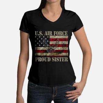 Proud Sister Us Air Force Vintage Usa Flag Retro Girls Women V-Neck T-Shirt - Seseable