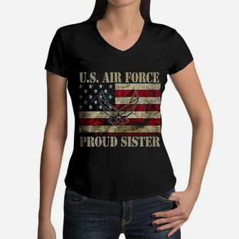 Proud Sister Us Air Force Vintage Usa Flag Women V-Neck T-Shirt - Seseable