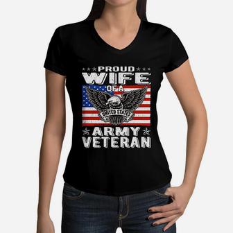 Proud Wife Of Us Army Veteran Patriotic Military Spouse Gift Women V-Neck T-Shirt - Seseable