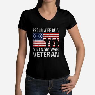 Proud Wife Vietnam War Veteran Husband Wives Matching Design Women V-Neck T-Shirt - Seseable