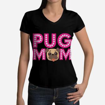 Pug Funny Dog Mama Fur Lover Mom Dog Girly Pet Gift Women V-Neck T-Shirt - Seseable