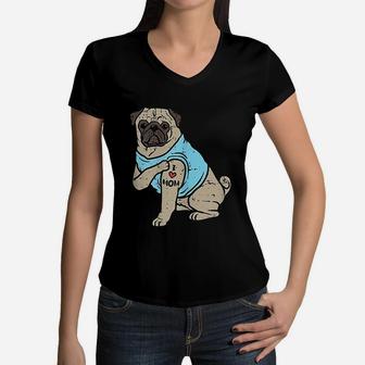 Pug I Love Mom Cute Animal Pet Dog Lover Owner Gift Women V-Neck T-Shirt - Seseable