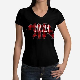 Red Plaid Mama Bear Buffalo Plaid Mama Bear Women V-Neck T-Shirt - Seseable