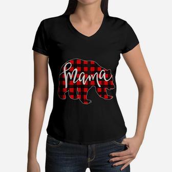 Red Plaid Mama Bear Matching Pajama Family Buffalo Momma Women V-Neck T-Shirt - Seseable