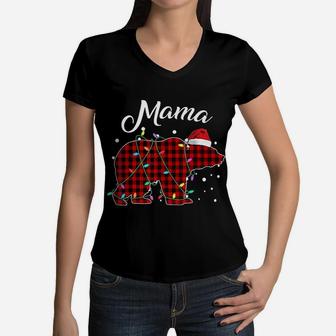 Red Plaid Mama Bear Matching Santa Hat Women V-Neck T-Shirt - Seseable