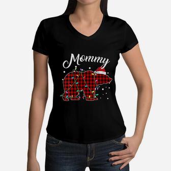 Red Plaid Mommy Bear Women V-Neck T-Shirt - Seseable