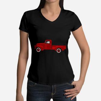 Red Vintage Pickup Truck Women V-Neck T-Shirt - Seseable