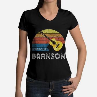 Retro Branson Souvenir With A Vintage Style Guitar Women V-Neck T-Shirt - Seseable