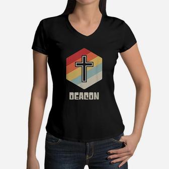 Retro Cross Vintage Christian Church Deacon Women V-Neck T-Shirt - Seseable