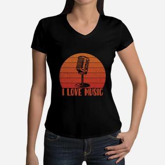 Retro I Love Music Gift Idea For Music Lovers Women V-Neck T-Shirt - Seseable