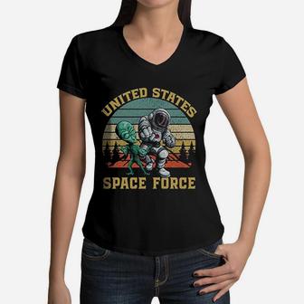 Retro Us Space Force Graphic Vintage Sunset Alien Punch Women V-Neck T-Shirt - Seseable
