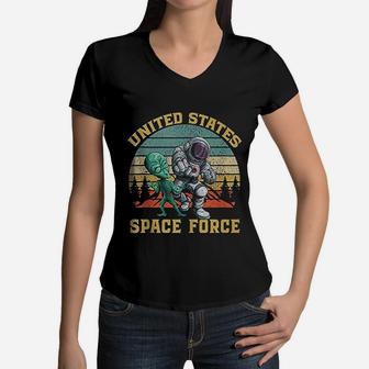 Retro Us Space Force Graphic Vintage Sunset Gift Women V-Neck T-Shirt - Seseable
