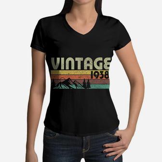Retro Vintage 1938 Graphics 84th Birthday Gift 84 Years Old Women V-Neck T-Shirt - Seseable