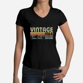 Retro Vintage 1964 Graphics 57th Birthday Gift 57 Years Old Women V-Neck T-Shirt - Seseable