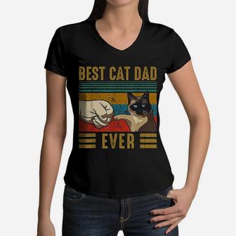 Retro Vintage Best Cat Dad Ever Fathers Day Siamese Cat Gift Women V-Neck T-Shirt - Seseable