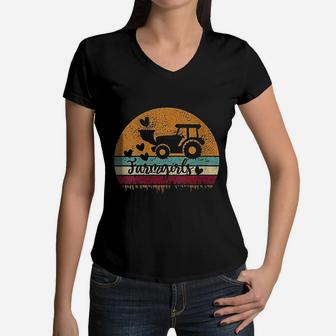 Retro Vintage Farm Girl Farming Tractor Women V-Neck T-Shirt - Seseable