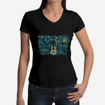 Retro Vintage Style Classical Guitar Women V-Neck T-Shirt - Seseable
