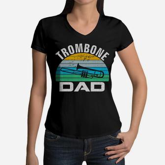 Retro Vintage Trombone Dad Funny Music Father's Day Gift T-shirt Women V-Neck T-Shirt - Seseable