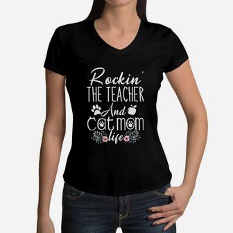 Rocking The Teacher And Cat Mom Life Funny Teacher Gifts Women V-Neck T-Shirt - Seseable