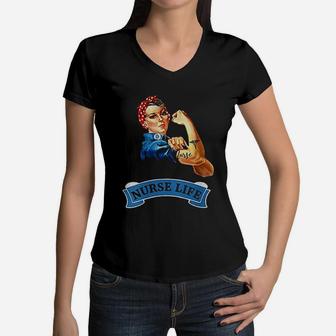 Rosie The Riveter Vintage Retro Nurse Life Rn Appreciation Women V-Neck T-Shirt - Seseable