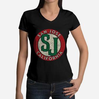 San Jose California Vintage Road Sign Distressed Print Women V-Neck T-Shirt - Seseable