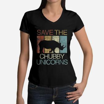 Save The Chubby Unicorns Retro Vintage Colors Women V-Neck T-Shirt - Seseable