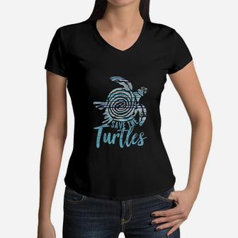 Save The Turtles Vintage Earth Day Women V-Neck T-Shirt - Seseable