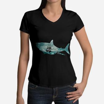 Shark Retro Vintage Ship In A Storm Women V-Neck T-Shirt - Seseable