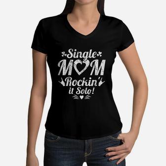 Single Mom Rock Music Fan Mommy Mothers Day Gift Women V-Neck T-Shirt - Seseable