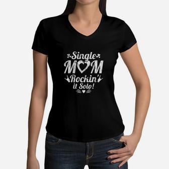 Single Mom Rock Music Fan Mommy Women V-Neck T-Shirt - Seseable