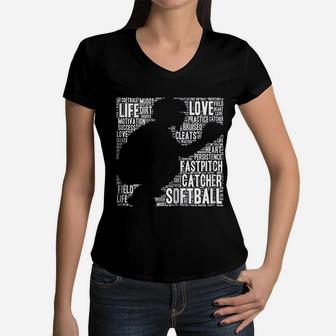 Softball Catcher Fastpitch Softball Mom Women V-Neck T-Shirt - Seseable