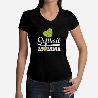 Softball Momma Catcher Pitcher Mothers Day Women V-Neck T-Shirt - Seseable