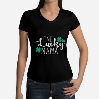 St Patricks Day One Lucky Mama Shamrock Women V-Neck T-Shirt - Seseable