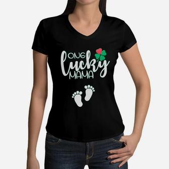 St Patricks Day Pattys Day Shamrock Lucky Mama Women V-Neck T-Shirt - Seseable