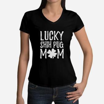 St Patricks Day Shirt Lucky Shih Pug Mom Women V-Neck T-Shirt - Seseable