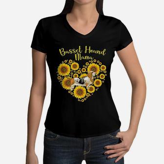 Sunflower Heart Basset Hound Mama Mothers Day Women V-Neck T-Shirt - Seseable