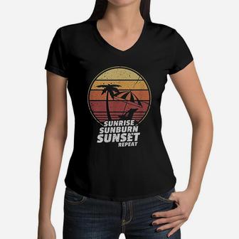Sunrise Sunburn Sunset Repeat Vintage Vacation Beach Women V-Neck T-Shirt - Seseable