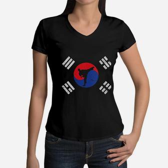 Taekwondo South Korea Flag Vintage Korean Martial Arts Gift Women V-Neck T-Shirt - Seseable