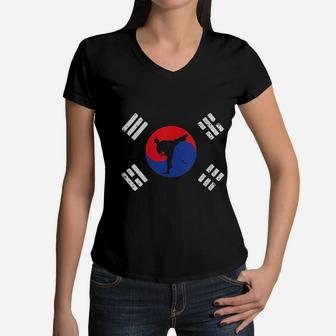 Taekwondo South Korea Flag Vintage Korean Martial Arts Gift Women V-Neck T-Shirt - Seseable