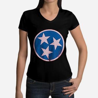 Tennessee Flag| Vintage Distressed Women V-Neck T-Shirt - Seseable