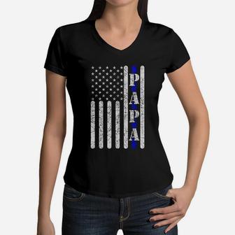 Thin Blue Line Papa Vintage Police American Flag Grandpa Women V-Neck T-Shirt - Seseable