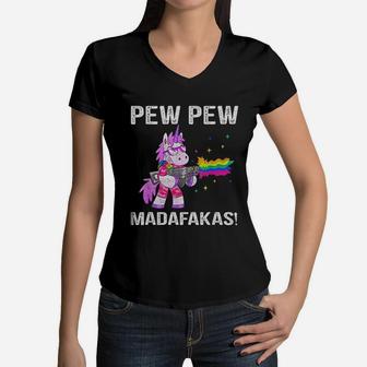 Unicorn Pew Pew Madafakas Vintage Crazy Cat Funny Graphic Women V-Neck T-Shirt - Seseable