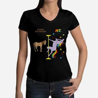 Unicorn Stepmom Funny Rainbow Gifts For Step Moms Women V-Neck T-Shirt - Seseable