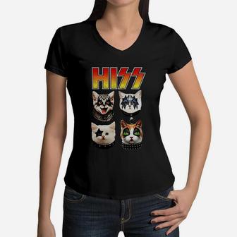 Unisex Vintage Concert Hiss Metal Rock Funny Kitties Cats Women V-Neck T-Shirt - Seseable