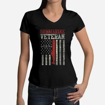 Us Navy Submarine Veteran Usa Flag Vintage Submariner Gift Women V-Neck T-Shirt - Seseable