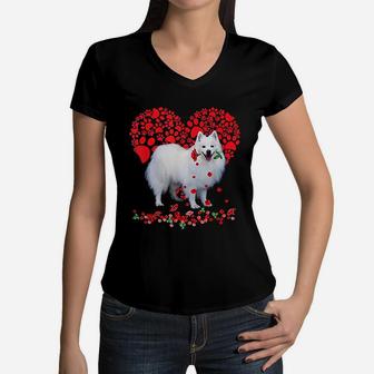 Valentines American Eskimo Heart Dog Dad Dog Mom Gifts Women V-Neck T-Shirt - Seseable