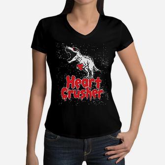 Valentines Day Matching Set Mother And Son T Rex Heart Crusher Raglan Women V-Neck T-Shirt - Seseable
